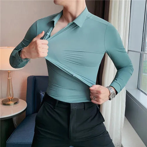 High Elasticity Seamless Shirts Men Long Sleeve Top Quality Slim Casual Luxury