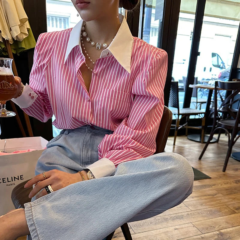 Striped Red Fashion Turn Down Collar Office Ladies Tops Long Sleeve