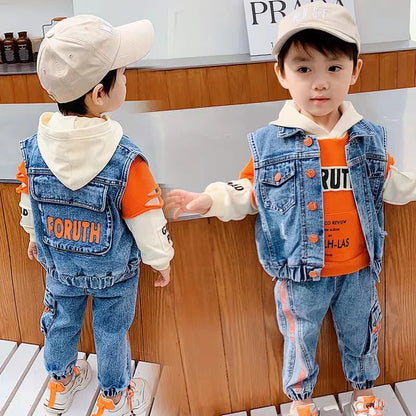 Casual Spring Autumn Baby Boys Girls Outfits Suit Children Denim Vest Hoodie Jeans 3Pcs Boys Sets Children Sets 1-7Y