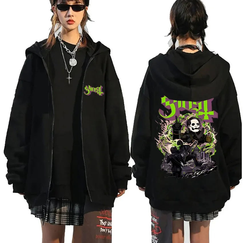 Ghost Band Zipper Hoodie Men Hip Hop Oversized Fashion Cartoon Anime Graphic Print Zip Up Hoodies Male Rock Gothic Sweatshirts