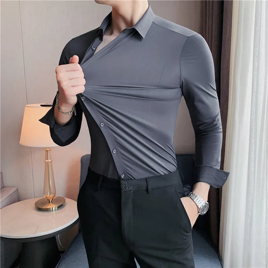 High Elasticity Seamless Shirts Men Long Sleeve Top Quality Slim Casual Luxury