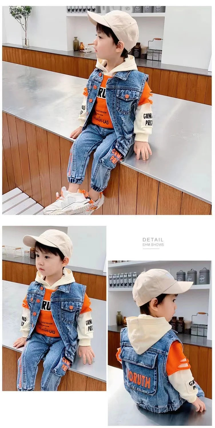 Casual Spring Autumn Baby Boys Girls Outfits Suit Children Denim Vest Hoodie Jeans 3Pcs Boys Sets Children Sets 1-7Y